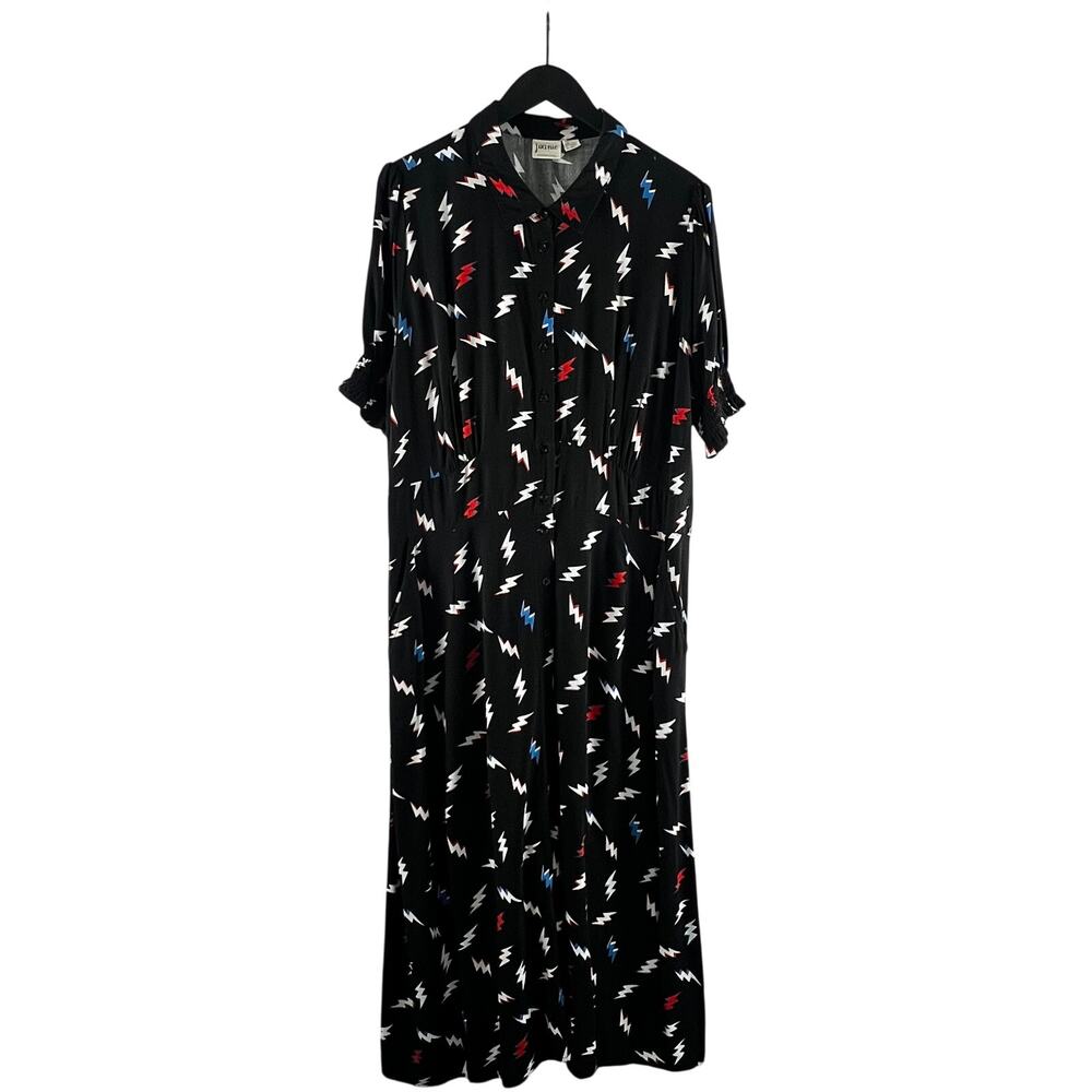 Joanie Black Multicolor Purdita Lightning Bolt Print Midi Shirt Dress Size 14
